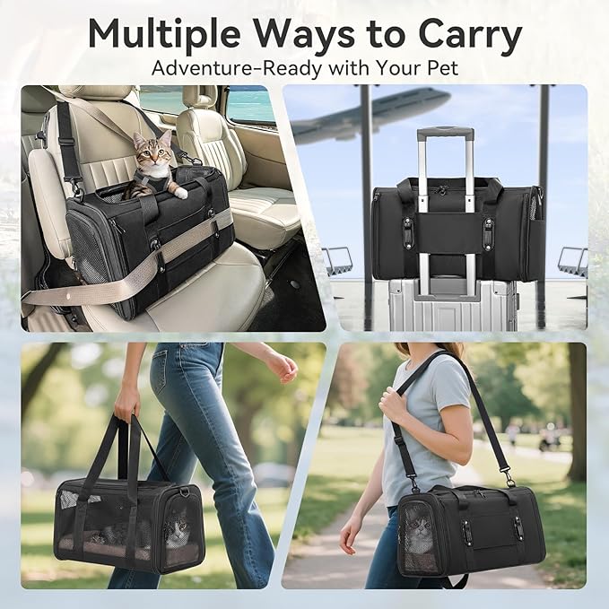PETSFIT Soft-Sided Cat Carriers &amp; Car Seats with Patent Safe Buckles, Clip-On Harness, 18"x11"x11" Airline Approved Pet Carrier - 9 lbs Capacity (Black)