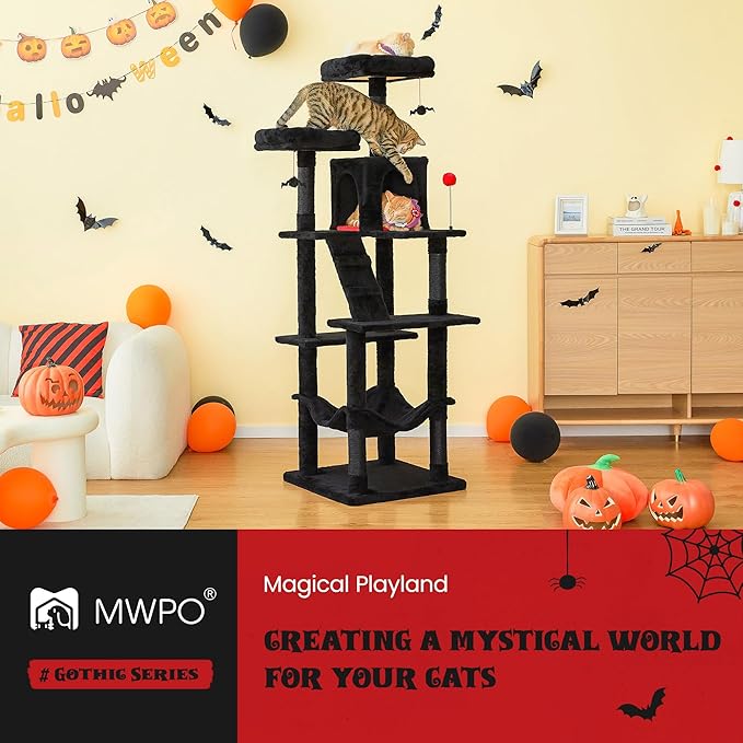 MWPO Gothic Large Cat Tree, 70.1-Inch Multi-Level Tall Cat Tower for Indoor Cats, Plush Cat Condo with Big Padded Perches, Sisal-Covered Scratching Posts, Hammock, Toys for Kittens &amp; Cats, Black