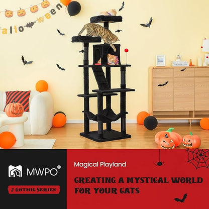 MWPO Gothic Large Cat Tree, 70.1-Inch Multi-Level Tall Cat Tower for Indoor Cats, Plush Cat Condo with Big Padded Perches, Sisal-Covered Scratching Posts, Hammock, Toys for Kittens &amp; Cats, Black
