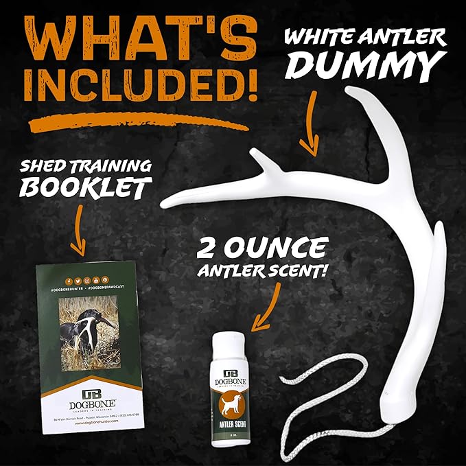 DogBone Shed Hunting Dog Training Kit – Train Your Puppy to Find Deer Antlers - Includes 2 oz Scent for Nosework &amp; Flexible Floating Dummy for Retrieving - Perfect for Whitetail Hunters