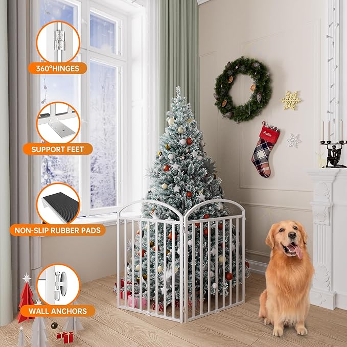2 Panles Full Matel Freestanding Dog Gates with Door, 48"Extra Wide 32"Tall Free Standing Dog Pet Gate for Indoor &amp; Outdoor. Foldable Pet Fences for Doorways, House, Stairs, Porch, Deck, Yard