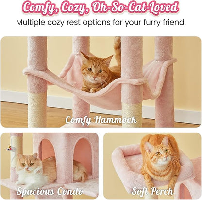 MWPO 70.1-Inch Pink Large Cat Tree, Multi-Level Tall Cat Tower for Indoor Cats, Plush Cat Condo with Big Padded Perches, Sisal-Covered Scratching Posts, Hammock, Toys for Kittens &amp; Cats