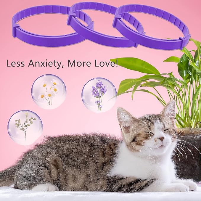 Wustentre 3 Pack Adjustable Anxiety Collar - Cat Calming Pheromones for Cats &amp; Kittens, Stress Reliever - Relaxing Comfortable Collar (Violet)