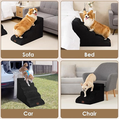EHEYCIGA Curved Dog Stairs Ramp for High Beds 19.7" H, 4-Step Dog Steps for Small Dogs and Cats, Pet Stairs for High Bed Climbing, Non-Slip Balanced Pet Step Indoor, Black