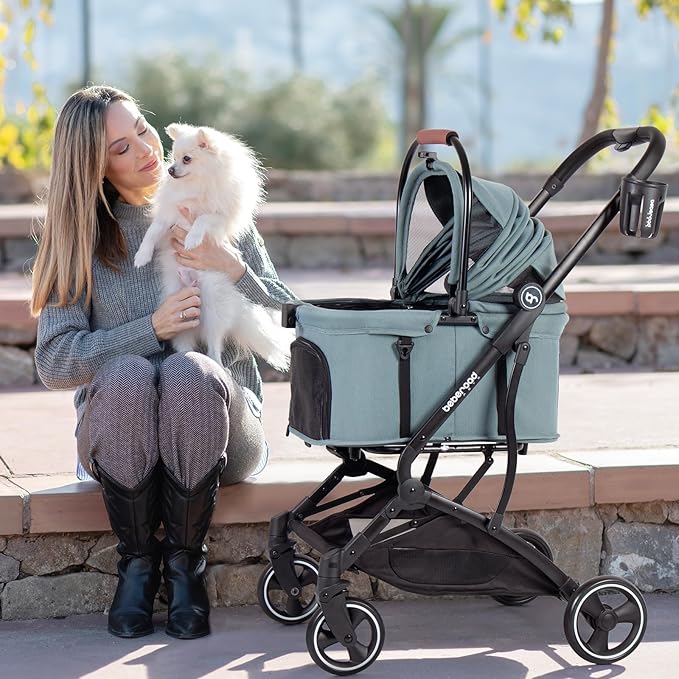 T3 3-in-1 Small Pet Stroller for Dog &amp; Cats, 4 Wheels with Detachable Carrier with Pad, Canopy and Cup Holder (Green)