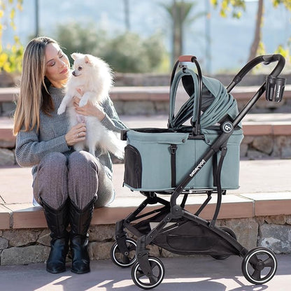 T3 3-in-1 Small Pet Stroller for Dog &amp; Cats, 4 Wheels with Detachable Carrier with Pad, Canopy and Cup Holder (Green)