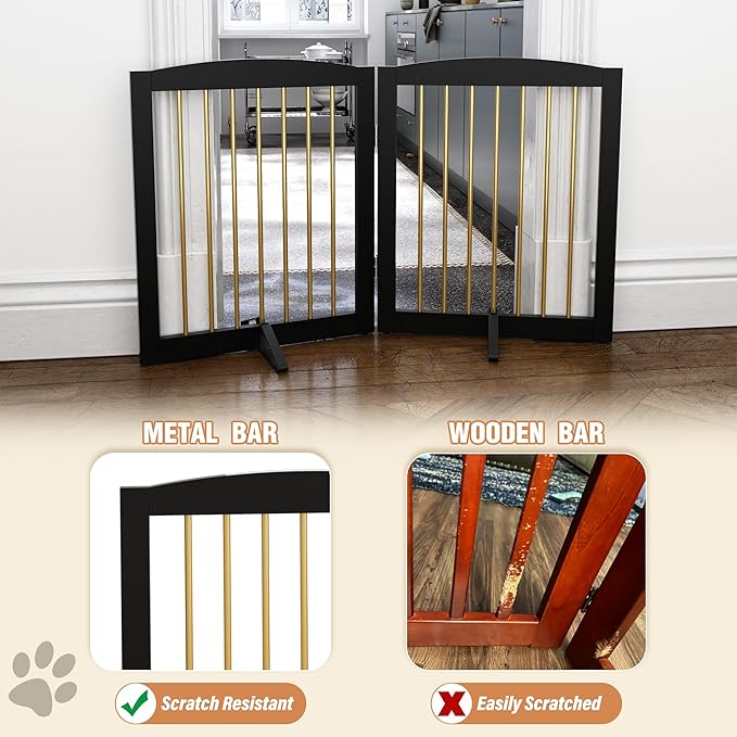 Freestanding Pet Gate for Dogs, Foldable Wooden Dog Gate for House, Stairs, Doorways, Step Over Pet Puppy Safety Fence,Support Feet Included,24" Height 2 Panels, Black&amp;Gold
