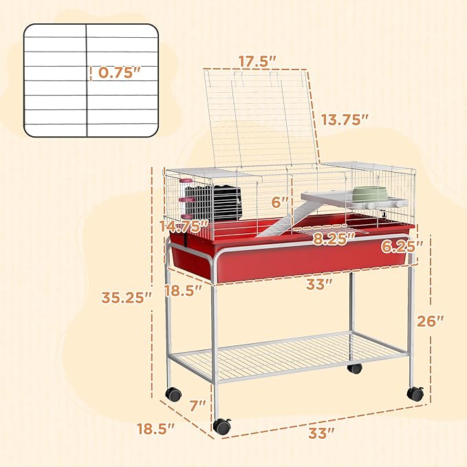 PawHut Two-Story Small Animal Cage Removable from Stand, Guinea Pig Cage with Shelf &amp; Wheels, Pet Habitat for Hedgehog, Chinchilla, Ferret, 33" x 18.5" x 35", Red