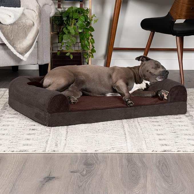 Furhaven Orthopedic Dog Bed for Large/Medium Dogs w/ Removable Bolsters &amp; Washable Cover, For Dogs Up to 55 lbs - Sherpa &amp; Chenille Sofa - Coffee, Large