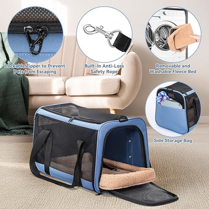 PETSFIT Soft-Sided Cat Carriers &amp; Car Seats with Patent Safe Buckles, Clip-On Harness, 19"x12"x12" Pet Travel Carrier - 20 lbs Capacity (Blue)