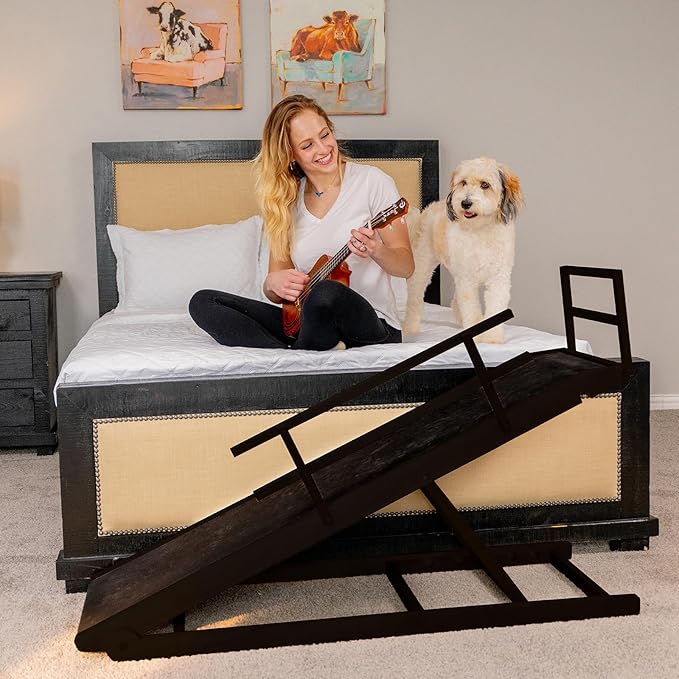 Dog Ramp for Bed, 5 Level Adjustable Dog Ramp for High Beds, Upgrade Rubber Mat High Traction Ramp with Safety Rails, Folding Pet Ramp for Bed, Couch,SUV, Natural Wood Pet Ramp for Small &amp; Old Dogs