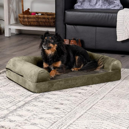 FurHaven Soft, Orthopedic Foam Sofa Dog Bed with Washable &amp; Removable Cover - Faux Fur/Velvet - Dark Sage, Dogs Up to 35 lbs - Medium