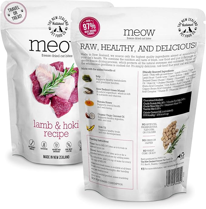 Meow Freeze Dried Cat Food - Lamb &amp; Hoki Recipe, High Protein Cat Treats, Meals &amp; Toppers, Dry Cat Food,1.76 oz