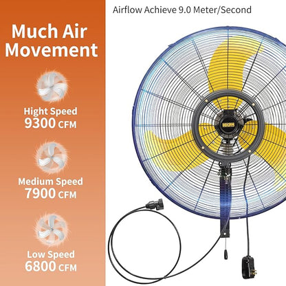 HiCFM 30 inch Misting Outdoor Oscillation Weatherproof Wall Mounted Fan with IP44 Enclosure Motor, GFCI Plug, 9300 CFM 3-Speeds High Velocity Powerful Wall Fan, UL Outdoor Approved