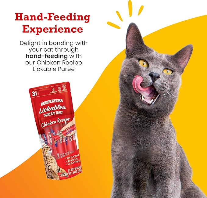Beefeaters Cat Treats Lickable Puree 1.59oz (12-Pack) – Chicken, Grain-Free, Taurine-Enriched, Ideal for Training &amp; Interactive Feeding
