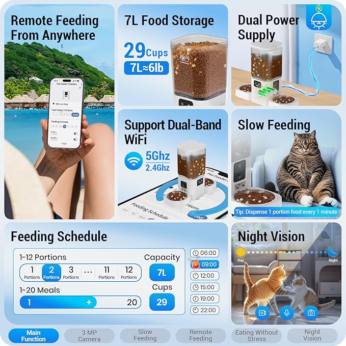 Automatic Cat Feeder with Two HD Camera for 2 Cats: 7L Automatic Dog Feeder with Night Vision &amp; Slow Feed, 5G WiFi Auto Cat Food Dispenser for Multiple Pet, Detachable for Cleaning - 29 Cup