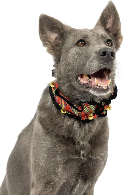 Huxley &amp; Kent Ruff Pet Scrunchy | Shiny Christmas Plaid (Medium) | Festive Christmas/Holiday Neckwear for Dogs/Cats | Fun Stretchable Costume Accessory | Soft Collar with Bells