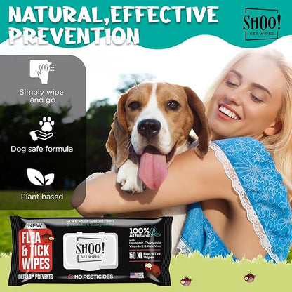 Shoo! Flea &amp; Tick Wipes for Dogs | Convenient, Easy On-The-Go Protection | Plant Based, Natural Oils, Chemical Free | Repels &amp; Prevents | 50 XL Wipes (2 Pack) | Original -Lavender