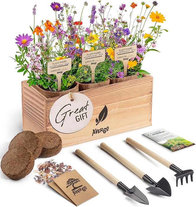 Wildflower Seed Mix Growing Kit - Includes Perennial &amp; Annual Wild Flowers, Burlap Planters, Soil, Wooden Box, and Gardening Tools for Indoor Garden and Patio Planting