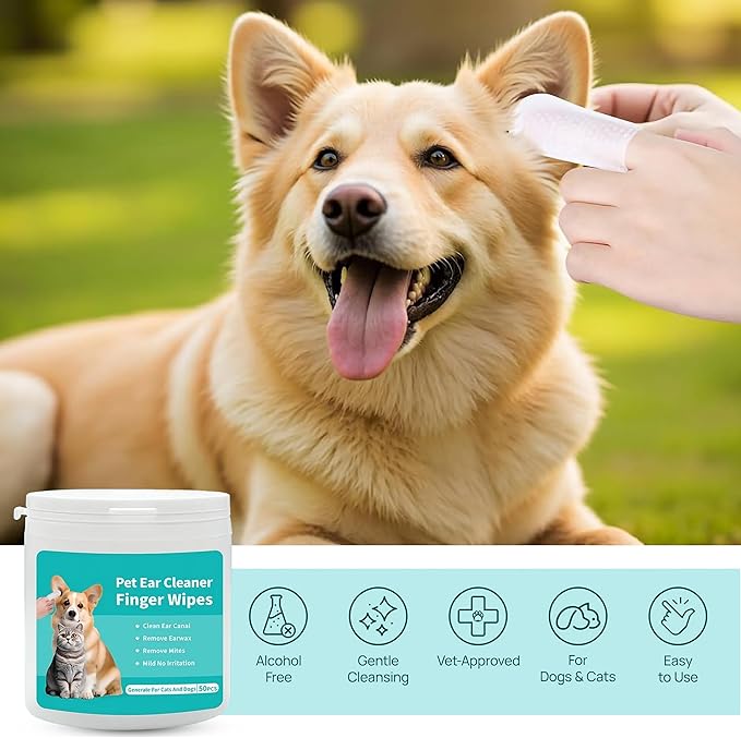 Ear Wipes for Dogs &amp; Cats - Comfortable Finger Design, Gentle Ear Wax, Debris, and Dirt Cleaning | 50-Count Pack