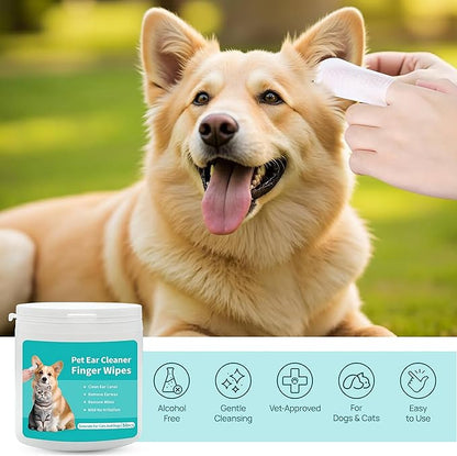 Ear Wipes for Dogs &amp; Cats - Comfortable Finger Design, Gentle Ear Wax, Debris, and Dirt Cleaning | 50-Count Pack