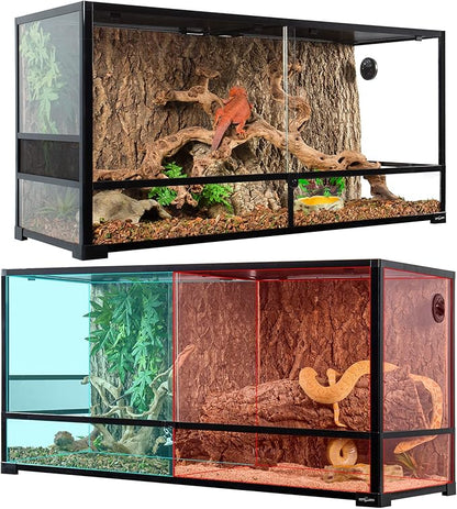 REPTIZOO 88 Gallon Large Reptile Terrarium 48" x 18" x 24" Knock-Down Glass Reptile Tank with Double Hinge Door &amp; Screen Ventilation, Supporting Used as 2 Separate Habitats Easy Assembly