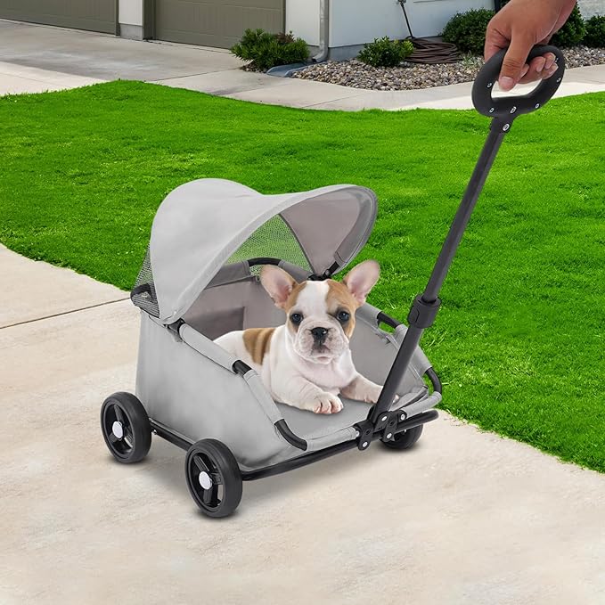 Small Dog Stroller, Pe4-Wheel Portable Dog &amp; Cat Stroller with Semi-Open Design, Foldable Pet Cart with Canopy for Small Dogs or Cats Weighing Less Than 15.43 Pounds (Grey)