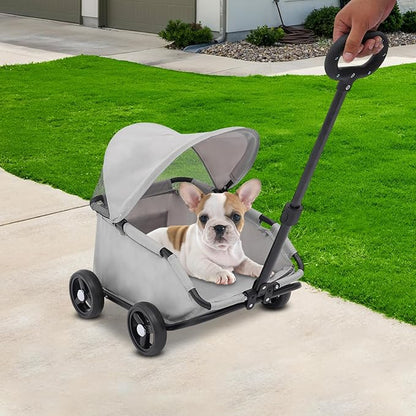Small Dog Stroller, Pe4-Wheel Portable Dog &amp; Cat Stroller with Semi-Open Design, Foldable Pet Cart with Canopy for Small Dogs or Cats Weighing Less Than 15.43 Pounds (Grey)