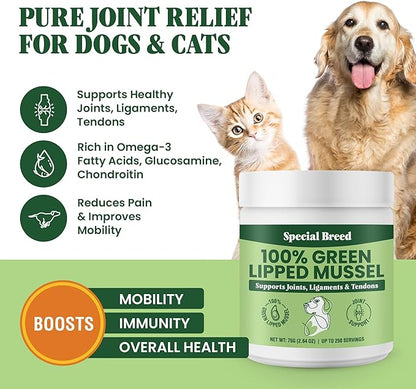 Green Lipped Mussel Powder for Dogs &amp; Cats - 100% New Zealand Green Lipped Mussels - Natural Hip &amp; Joint Supplement for Joints, Tendons, Ligaments, Muscles - 75 Grams - Up to 250 Servings