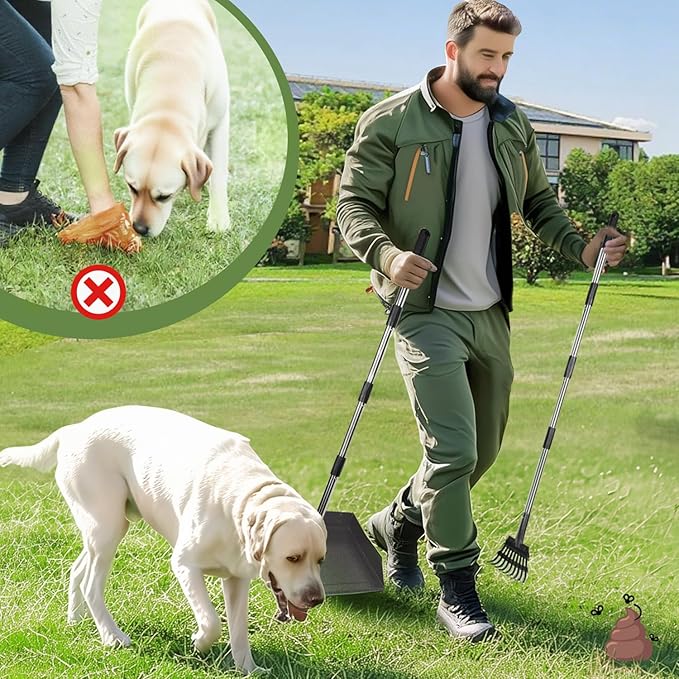 T2Y Pooper Scooper, Extra Long Handle Dog Pooper Scooper, Adjustable Stainless Steel Rake &amp; Extra Large Tray, Antirust &amp; Durable Poop Scoopers for Yard, Lawn, Snowfield, Suitable for Multi-Dog Family