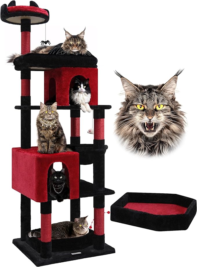 Globlazer Heavy Duty Gothic Cat Tree, 72in Large Cat Tower with Coffin Bed, Sturdy Maine Coon Cat Tree for Large Cats 20 lbs+, Medieval Castle Style with 6 Scratching Posts &amp; Hammock, S72, Black &amp; Red
