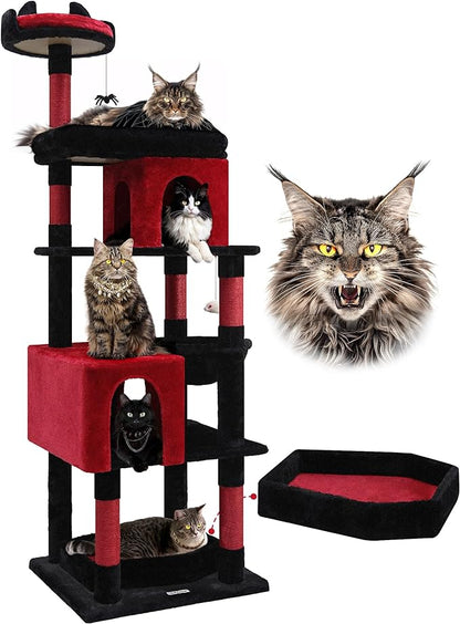 Globlazer Heavy Duty Gothic Cat Tree, 72in Large Cat Tower with Coffin Bed, Sturdy Maine Coon Cat Tree for Large Cats 20 lbs+, Medieval Castle Style with 6 Scratching Posts &amp; Hammock, S72, Black &amp; Red