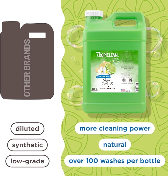 TropiClean Deshedding Dog Conditioner, Professional Conditioner, Reduces Shedding &amp; Softens Coat, Puppy Safe, Lime &amp; Cocoa Butter Scent, 2.5 Gallon
