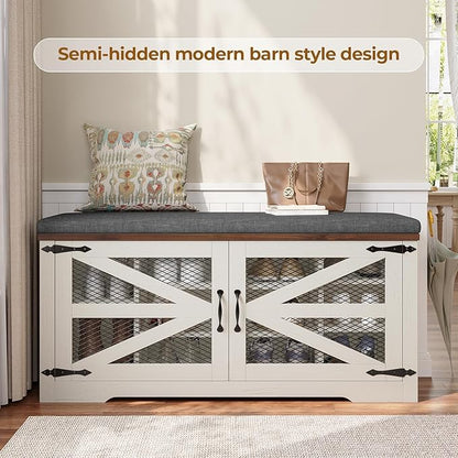 Farmhouse Storage Bench with Cushion, Metal and Wood Shoe Rack Organizer, Adjustable Shelf, Shoe Cabinet with Half Hidden Storage Space, for Entryway, Bedroom, Living Room (Old White, 43.3in)