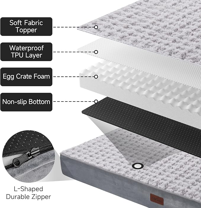 OhGeni Orthopedic Waterproof &amp; Machine Washable Dog Bed for Large Pets, Suitable for Crates, 25D Egg Crate Foam, Non-Slip Bottom &amp; Removable Cover, Houndstooth Fabric, 41 Inches(Gray)