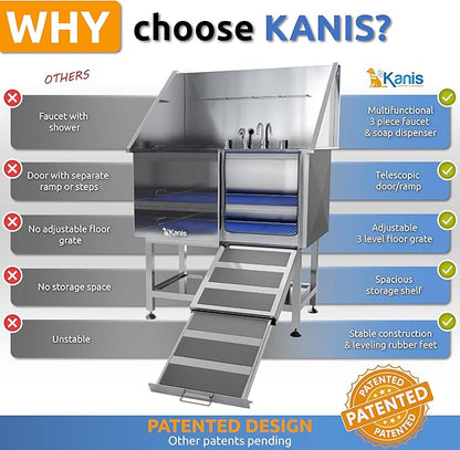 KANIS Professional Dog Washing Station - 304 Stainless Steel Pet Wash Sink &amp; Grooming Bath Tub for Home with Ramp, Shower, Floor Grate, Storage Shelf, Faucet, Drain Kit for Large, Medium &amp; Small Pets