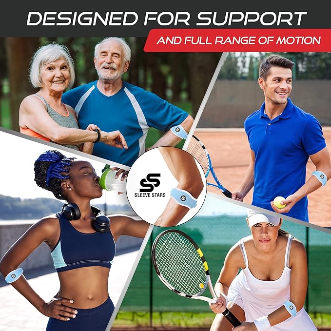 Sleeve Stars Tennis Elbow Brace for Men &amp; Women, Tendonitis Elbow Brace &amp; Strap Golfers Elbow Brace Counterforce Band for Tendon Pain Relief &amp; Support for Forearm w/ 3 Straps Fits 9-23" (Pair/Light Blue)