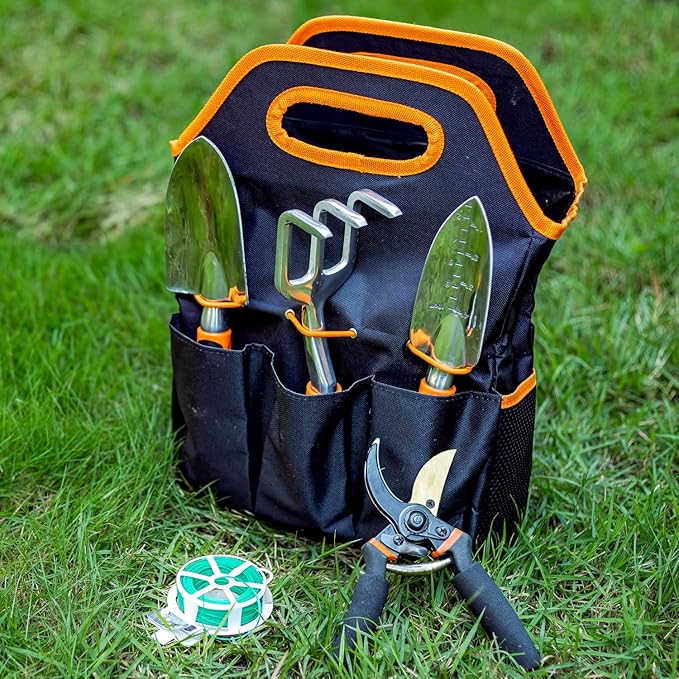 ESOW Garden Tool Set 7 PCS, Includes Cast-Aluminum Heavy Duty Hand Trowel, Transplant Trowel, Hand Rake, SK-5 Steel Gardening Scissor, Plant Tie, Bag &amp; Gloves, Tool Kit Gifts