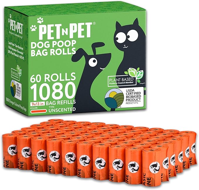 Pet N Pet 1080 Counts Orange Poop Bags for Dogs, 41% Plant Based &amp; 59% PE Extra Thick Dog Poop Bags Rolls, 9" x 13", Unscented Pet Waste Bag