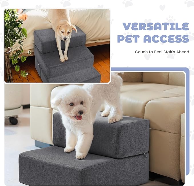 Foldable 18 Inch Wide 3 Step Wide Dog Stairs for Large Dogs, 18 Inch Height Foam Dog Steps for Bed &amp; Couch, Linen Covered Pet Stairs for Dogs to Get on Bed, Outdoor Foam Pet Steps for for Cars &amp; SUV