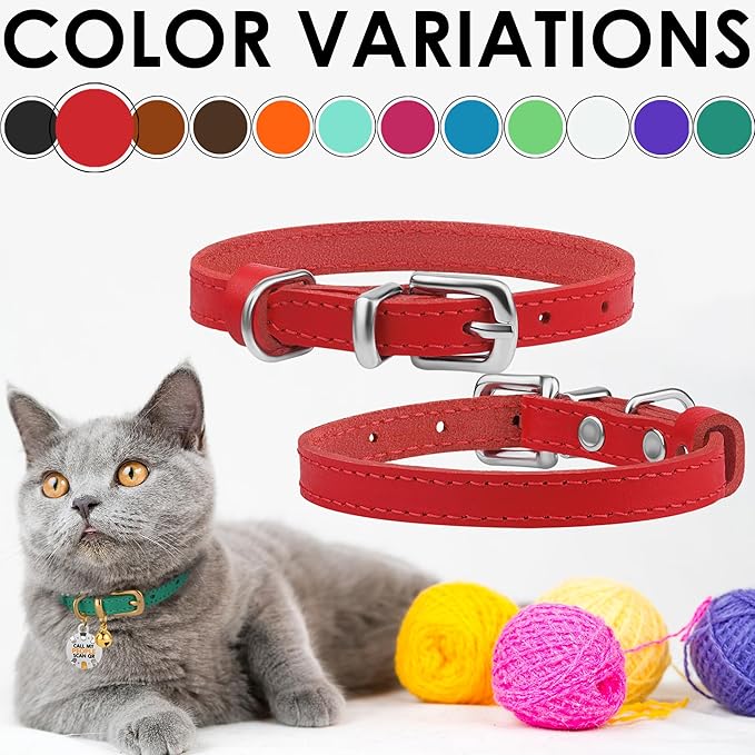 BRONZEDOG Leather Cat Collar with Removable Bells Non Breakaway Kitten QR Tag for Girl Boy (9" - 12" Cats/Mini Dogs, Red &amp; Silver)