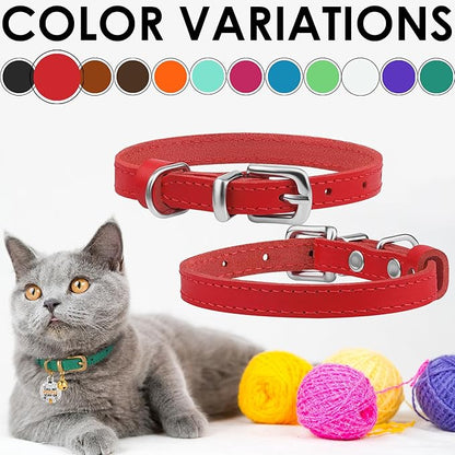 BRONZEDOG Leather Cat Collar with Removable Bells Non Breakaway Kitten QR Tag for Girl Boy (9" - 12" Cats/Mini Dogs, Red &amp; Silver)
