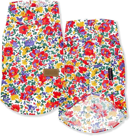 Parisian Pet Floral Pattern Cotton Shirt - Summer Beach Outfit for Small Dogs - Hook and Loop Closure, Machine Washable - Size S