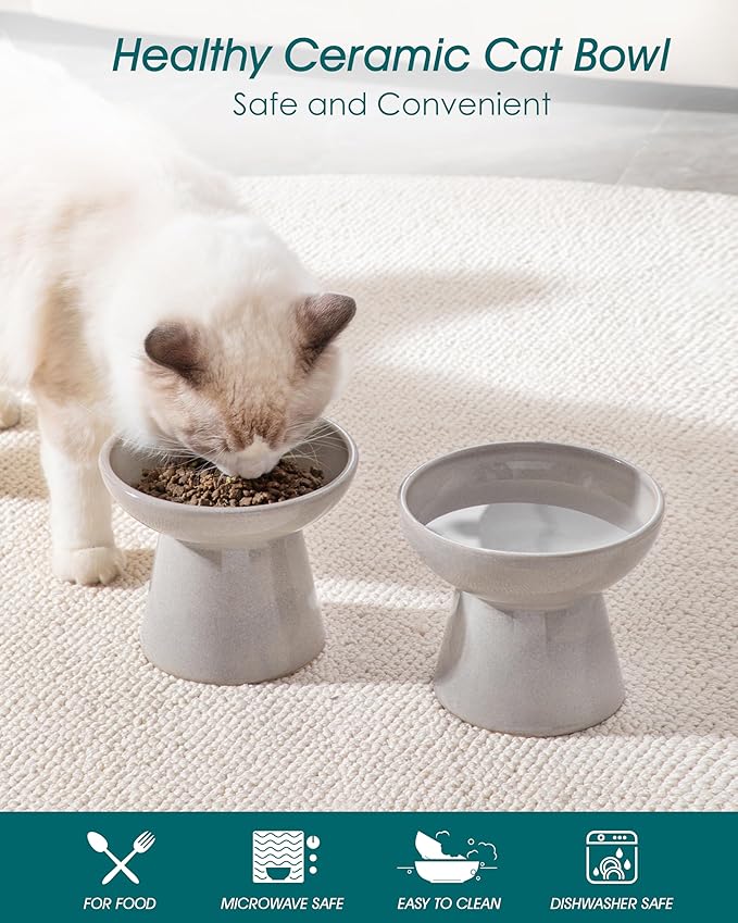 vancasso Ceramic Elevated Cat Bowls 2-Pack - 6.2" Extra Wide Raised Cat Food &amp; Water Dishes, 5.1" Optimal Height Anti-Whisker Fatigue Shallow Bowls for Cats/Kittens/Dogs, Lead &amp; Cadmium Free (Grey)