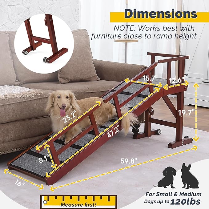 Dog Ramp for Bed or Couch, Wooden Pet Ramp with 20° Gentle Slope, Removable Side Rails, Non-Slip Surface, Top Platform &amp; Wheels, Safe Bed Ramp for Small, Medium &amp; Senior Dogs, 60" Long, Mahogany