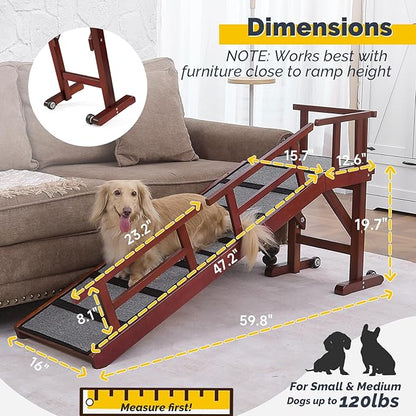Dog Ramp for Bed or Couch, Wooden Pet Ramp with 20° Gentle Slope, Removable Side Rails, Non-Slip Surface, Top Platform &amp; Wheels, Safe Bed Ramp for Small, Medium &amp; Senior Dogs, 60" Long, Mahogany