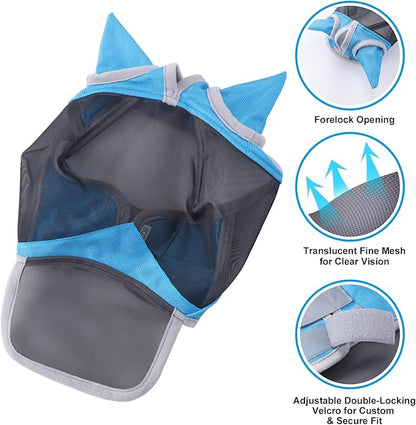 Horse Fly Mask with Ears &amp; Long Nose Cover | Forelock Opening for Tangle-Free Mane Care | UV Protection &amp; Breathable Mesh | No Rub Fit and Enhanced Visbility for Trail Riding Paleblue Full