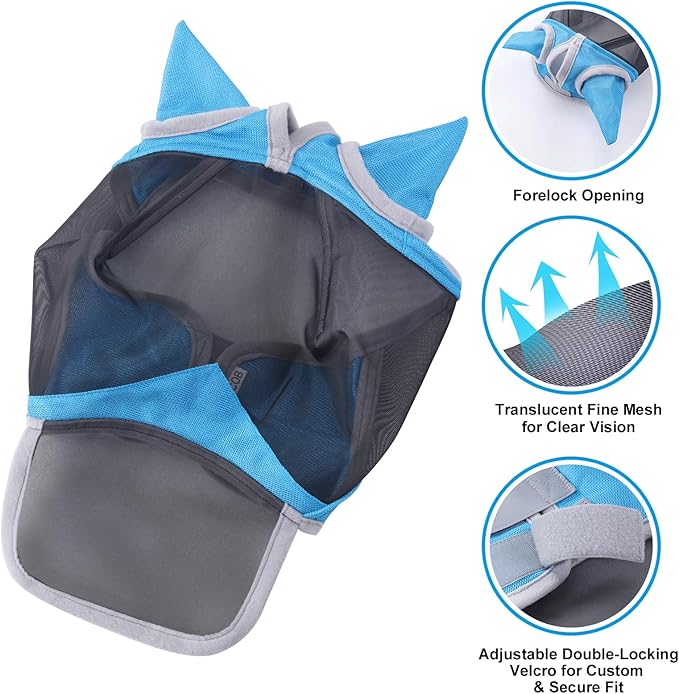 Horse Fly Mask with Ears &amp; Long Nose Cover | Forelock Opening for Tangle-Free Mane Care | UV Protection &amp; Breathable Mesh | No Rub Fit and Enhanced Visbility for Trail Riding Paleblue Pony