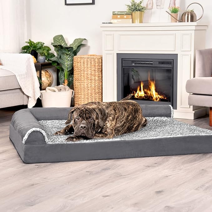 Furhaven Cooling Gel Dog Bed for Large Dogs w/ Removable Bolsters &amp; Washable Cover, For Dogs Up to 125 lbs - Two-Tone Plush Faux Fur &amp; Suede L Shaped Chaise - Stone Gray, Jumbo Plus/XXL