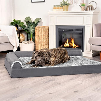Furhaven Cooling Gel Dog Bed for Large Dogs w/ Removable Bolsters &amp; Washable Cover, For Dogs Up to 125 lbs - Two-Tone Plush Faux Fur &amp; Suede L Shaped Chaise - Stone Gray, Jumbo Plus/XXL